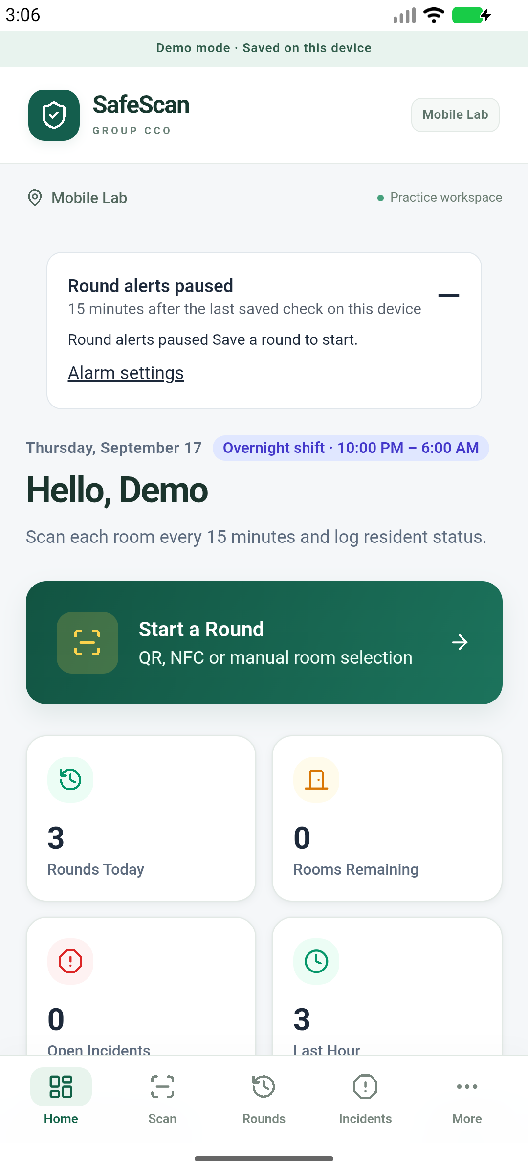 SafeScan Android demo dashboard with Start a Round and daily room-check totals.