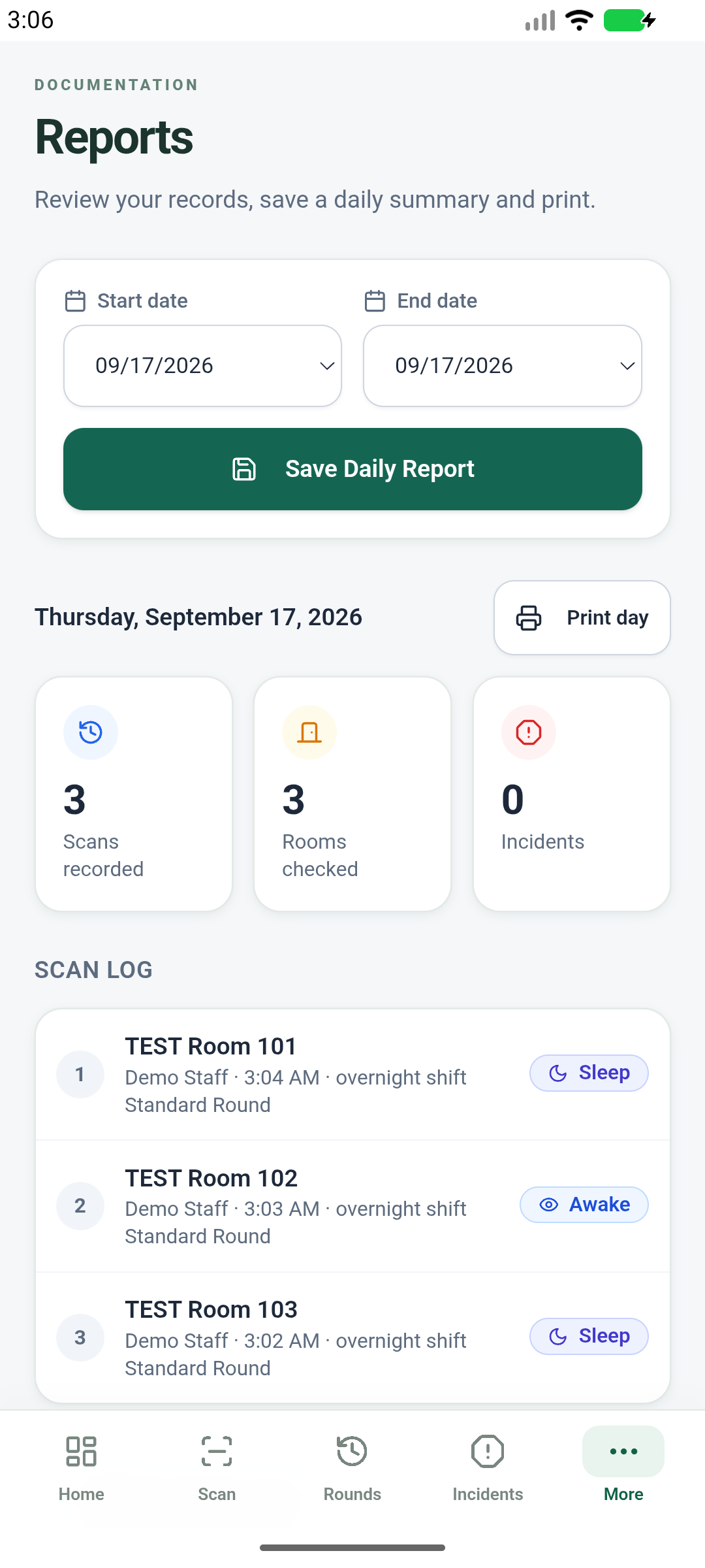 SafeScan Android demo reports showing three fictional room checks, date filters, daily report saving and printing.