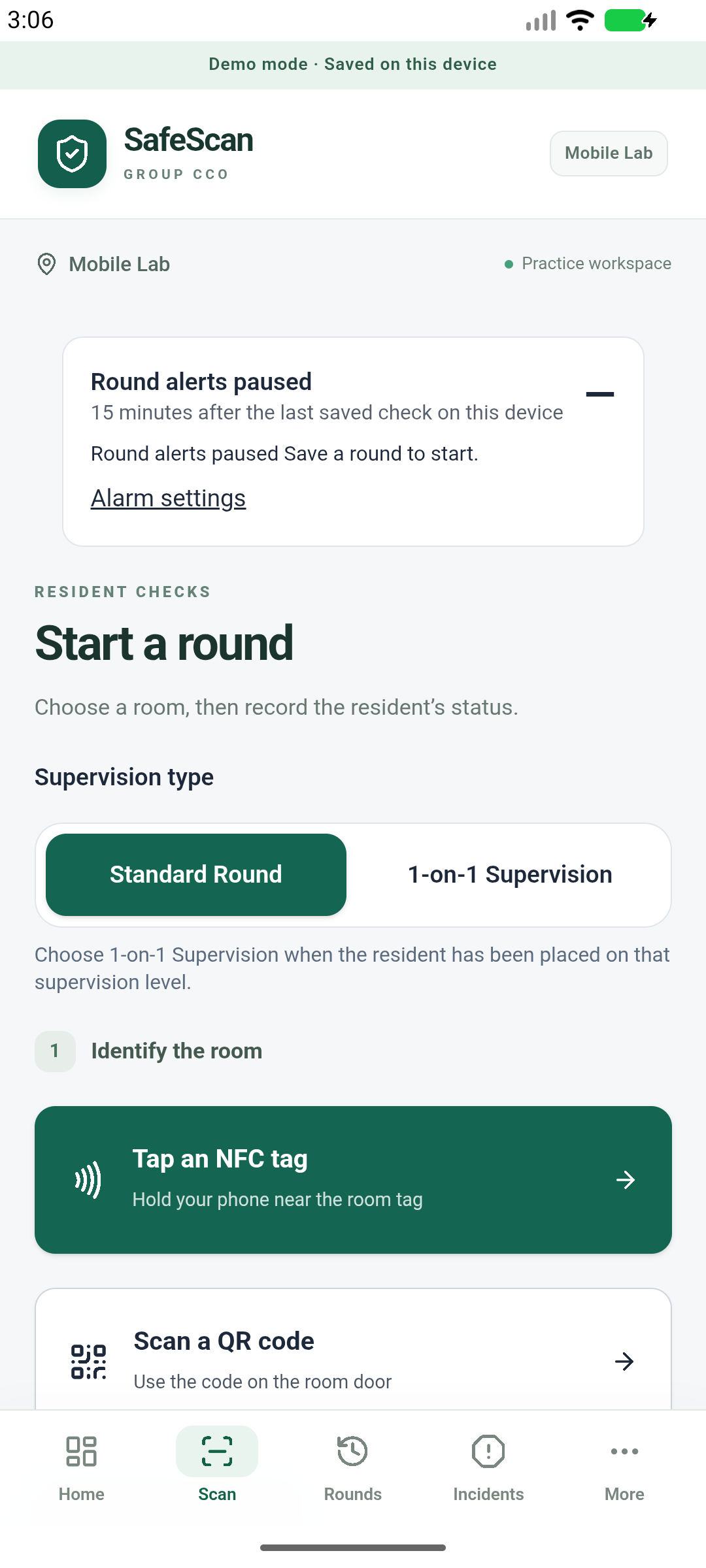 SafeScan Android demo room-check screen with standard and one-on-one supervision, NFC tags and QR scanning.